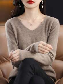 100% 美利奴羊毛女士毛衣 V 领套头衫 一线成衣休闲长袖无缝针织毛衣 - Volcanic Gray - 查看 2