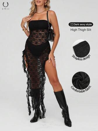 Women's Black Lace Patchwork Asymmetrical Cut Sheer Bandeau Bodycon Dress