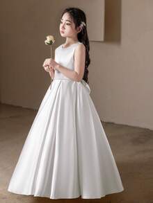 适合少女生日派对、婚礼、伴娘服的白色长款礼服,带大蝴蝶结 - 白色 - 查看 6