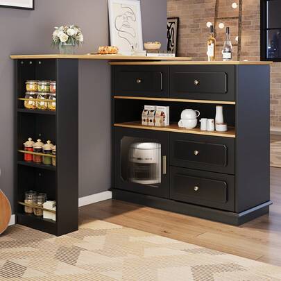 Tavolo da bar allungabile con spazio di archiviazione, girevole a 360°, tavolo alto moderno, credenza con ripiani e vetro, per cucina, sala da pranzo, soggiorno