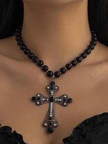 1pc Black Pearl Large Cross Double Layer Necklace, Halloween Fashion Personalized Faux Pearl Multi-Layer Large Cross Pendant Choker Necklace, High-End Versatile Necklace Accessory Suitable For Girls And Women (Pearl Quantity Random) - Black - View 8