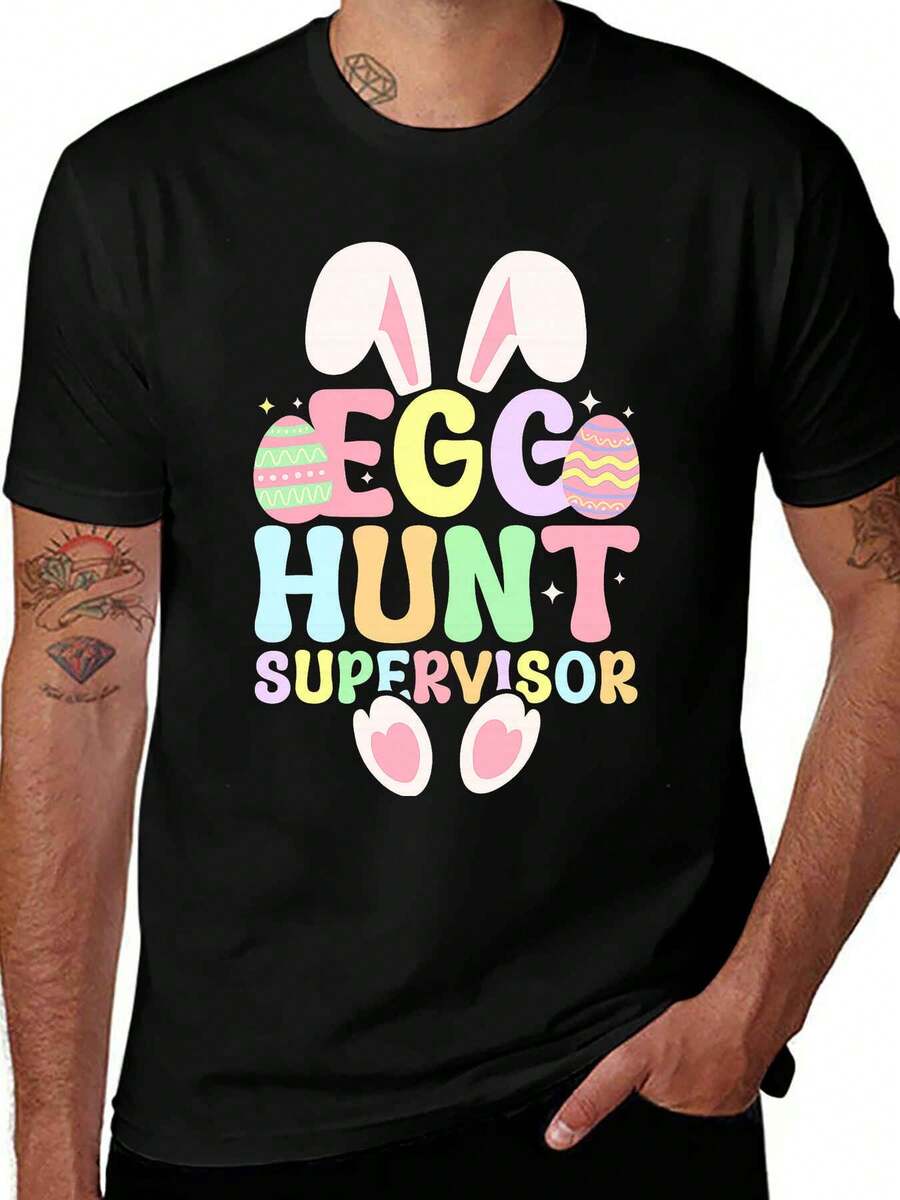 Camiseta de manga corta divertida para hombre con el texto "Supervisor de búsqueda de huevos de Pascua" - Negro - Ver 1