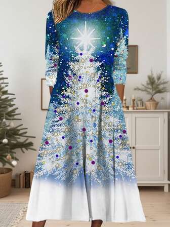 时尚休闲度假风格优雅百搭女装，适合外出、居家、旅行、工作、圣诞树印花连衣裙、可爱节日家居服、女士派对连衣裙、圣诞连衣裙