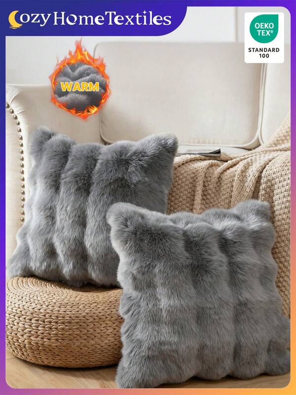 1/2/4pcs Luxurious Faux Rabbit Fur Tuscany Pillow Cover, Without Pillow Insert, Soft And Comfortable, Plush Fluffy Home Decorative Cushion Cover For Living Room Sofa, Bedroom Headboard, Gray Plush Pillow Cover, Oversized Throw Pillow, Zipper Closure, Machine Washable, Cushion Covers 45x45, Oeko-Tex