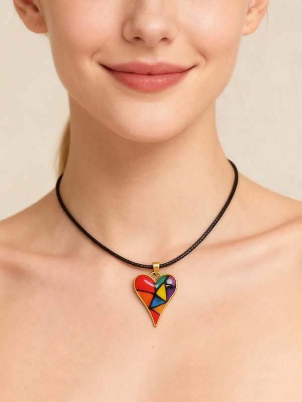 1 Fashionable Colorful Necklace, Heart-Shaped Necklace, Colorful Heart-Shaped Necklace, Personalized Necklace, Festival Gift, Party Necklace, Ladies' Necklace