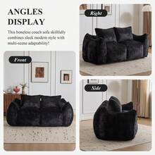 75.2" Wide Giant Bean Bag Couch, Faux Fur Upholstered Lazy Sofa Couch With Pillows, Comfy Loveseat Couch With Large Armrests, Oversized Floor Sofa For Living Room - 黑色 - 查看 6