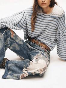 Women's Striped Knit Sweater With Peter Pan Collar Puff Sleeve Button Cuff Casual Top For Daily Wear - Màu xanh lam - Xem 6