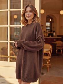 1pc Plus Size Loose Solid Color Ribbed Plus Size Sweater Pullover, Casual Wear For Autumn/Winter, Women - Coffee Brown - View 3