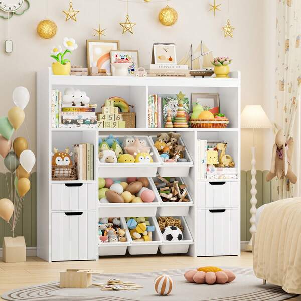 Estantería infantil con cajas sobre ruedas, librería infantil con 4 compartimentos de almacenaje, estantería de juguetes para habitación infantil, dormitorio guardería, blanco, 122 x 118 x 30 cm