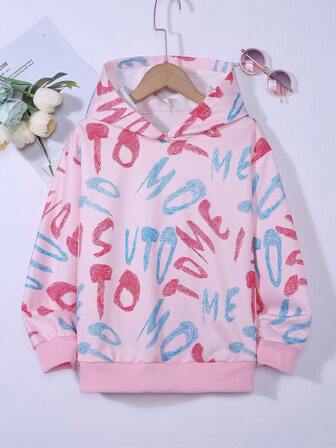 女童数字字母印花连帽休闲卫衣，秋季