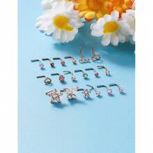 Surgical Steel Nose Ring 20G - Hypoallergenic Nose Studs With Cute Flat Opal Flower Diamond Heart - Straight L Shaped Purple, Pink, Black, Silver For Women Men Gift{"Color_name":"PinklshapedNoseRingsStuds20G"} - 粉紅鼻環耳環20G - 查看 4
