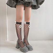 Benefeet Sox Lace Knee High Socks Women Girls Patterned Mesh Fishnet Knee High Stockings Hollow Calf Lolita Sock{"Color_name":"Black-White3dFlowers"} - 黑白3d鮮花 - 查看 4