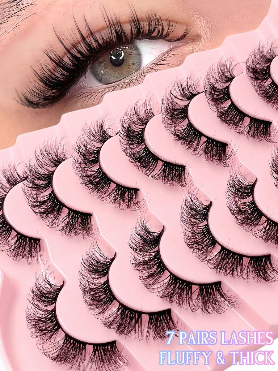Asiteo 7 Pairs/Set 3D Faux Mink Lashes, Fluffy & Voluminous, D-Curl, Full Strip Lashes, Suitable For Party Or Daily Makeup - 濃密款 - 查看 1