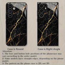 1pc Tempered Glass Material Black Gold Marble Crack Pattern Phone Case Compatible With IPhone 17 Pro Max/17/Air/16/15Plus/14/13/12/11/XR/XS MAX, A16/A15/A14/A13/A12/A11/A55/S21/S22/S24/S25, Redmi K30/K40/K60/K70E/NOTE11, 11/13/14 Protective Cover - Black - View 6