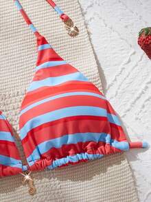 女士性感时尚条纹两件式泳衣，夏季沙滩比基尼套装，随机印花度假款 - 彩色 - 查看 5