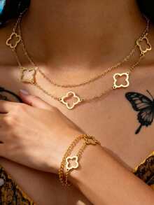 1pc 2025 New Minimalist Long Hollow Four-Leaf Clover Necklace, Elegant Gold Lucky Grass Chain Necklace For Women