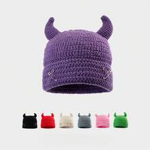 Devil Horns Handmade Quirky Knitted Hat Creative Fun Women's Autumn Winter Unique Pin Cold Hat Hip Hop Melon Skin Knitted Hat Unisex Couple Style Warm Hat Suitable For Couples Party Daily Wear - Xám - Xem 1