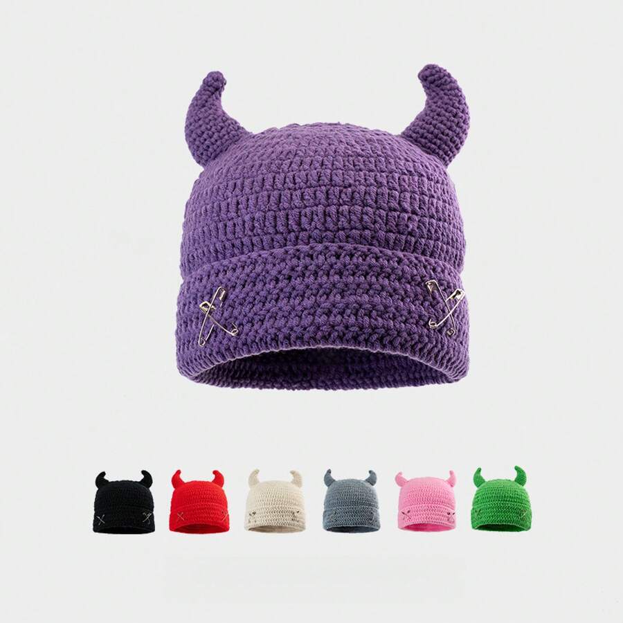 Devil Horns Handmade Quirky Knitted Hat Creative Fun Women's Autumn Winter Unique Pin Cold Hat Hip Hop Melon Skin Knitted Hat Unisex Couple Style Warm Hat Suitable For Couples Party Daily Wear - Xám - Xem 1