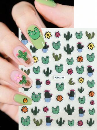 1pc Cute Cartoon Nail Art Sticker, Self-Adhesive Plastic Nail Decor, Adorable Frog, Cactus & Flower Design, Cartoon Theme, Shiny Gloss Effect, Asymmetrical Shape, Suitable For One-Time Use DIY Nail Salon Supplies For Women