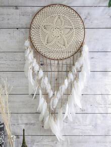 1 件手工制作的白色捕梦网壁挂装饰，适用于卧室、客厅、时尚家居风铃捕梦网装饰，适用于家庭、婚礼、房间装饰（羽毛为人造） - 白色 - 查看 4