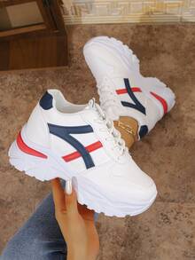 New Women White & Color Block Chunky Sneakers, Comfortable Fashion Versatile Leather Platform Lace-Up Casual Sports Shoes