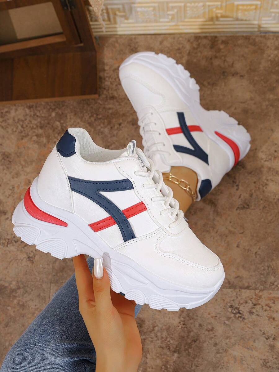 New Women White & Color Block Chunky Sneakers, Comfortable Fashion Versatile Leather Platform Lace-Up Casual Sports Shoes