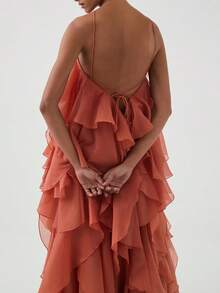 Women Summer Sleeveless Dress 3D Flowers Irregular Ruffles Backless Party Dress For Vacation Cocktail Beach Streetwear - 橘色 - 查看 3