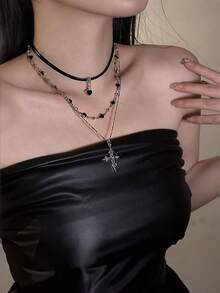 1 Set Sexy Chic Heart & Cross Pendant Necklace, Multi-Layer Chain Choker Necklace, Ideal Jewelry Gift For Women, Suitable For Daily Wear