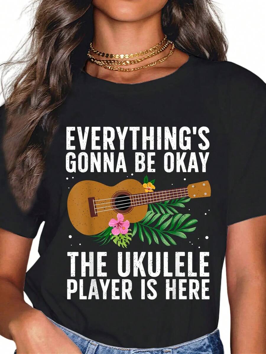Camiseta 100% algodão com estampa de ukulele para homens e mulheres. Ideal para férias de verão. Macia, com modelagem relaxada e confortável. - Preto - Ver 1