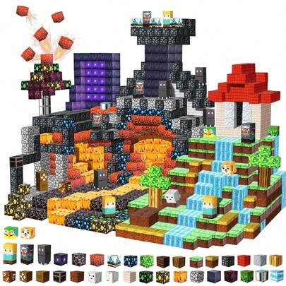 300 piezas de bloques de construcción magnéticos, 49 piezas con caja de hierro, juego basado en la construcción del mundo de la cueva Magwonder con juguetes de construcción magnéticos, regalo STEM sensorial para niños y niñas en cumpleaños