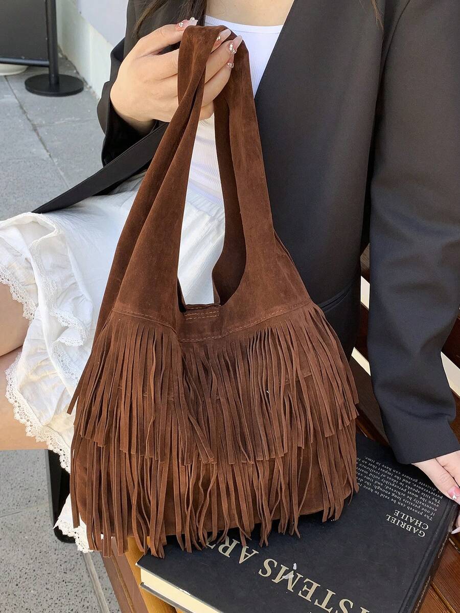 轻盈复古麂皮流苏设计单肩包/腋下包 酒红色 棕色 咖啡色 2025美式通勤风新款 小众设计 时尚百搭 适合女性 女生 大容量购物袋