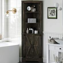 Tall Corner Cabinet With Barn Doors, 5-Tier Farmhouse Storage Cabinet With Adjustable Shelves For Corner, Home Space Saver For Living Room, Bathroom, Hallway, White/ Grey/ Dark Oak - Dark Oak - 查看 3