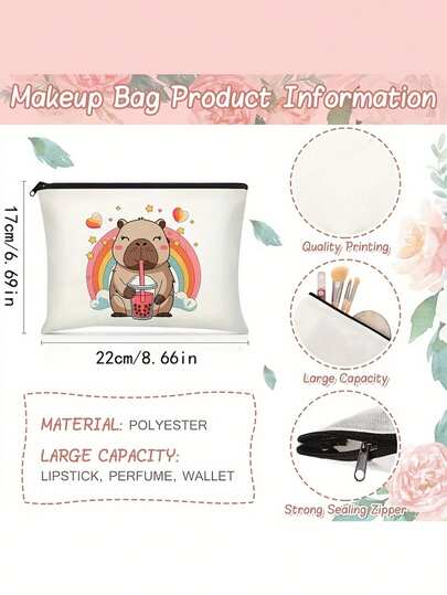 1 件单面可爱卡通彩虹水獭化妆包 - 配有耐用不褪色拉链，是一款轻便的可折叠收纳包，双面印花图案。它是生日、朋友和节日礼物的完美之选，也可用作生日礼品包，设计趣味十足。附赠双面印花图案和水獭配饰。