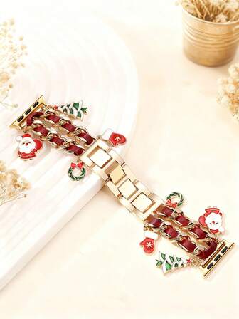 1 件圣诞时尚牛仔链表带，男女适用，兼容 38 毫米 40 毫米 41 毫米 42 毫米 44 毫米 45 毫米 46 毫米 49 毫米，圣诞老人吊坠金属手链，兼容 Series 10/9/8/7/6/5/4/3/2/1/SE/Ultra，可调节腕带礼物