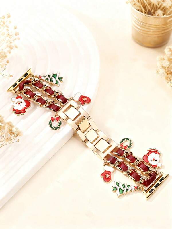 1PC Christmas Stylish Cowboy Chain Watch Strap For Men And Women Compatible With Apple Watch 38mm 40mm 41mm 42mm 44mm 45mm 46mm 49mm,Santa Claus Pendant Metal Bracelet Compatible With Apple Watch Series 10/9/8/7/6/5/4/3/2/1/SE/Ultra,Adjustable Wrist Strap Gifts