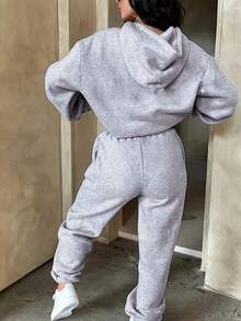 Set de 2 piezas de mujer con sudadera con capucha y pantalones de chándal de unicolor, para otoño/invierno - Gris - Ver 2
