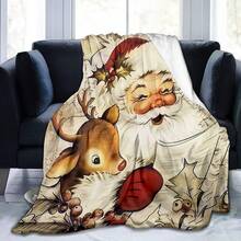 GEL HUT MUN Comfortable Christmas Flannel Blanket - Vintage Santa Claus And Reindeer Design, Soft And Warm, Suitable For Sofa, Bed, Office, All Season Low Allergy Gift Blanket