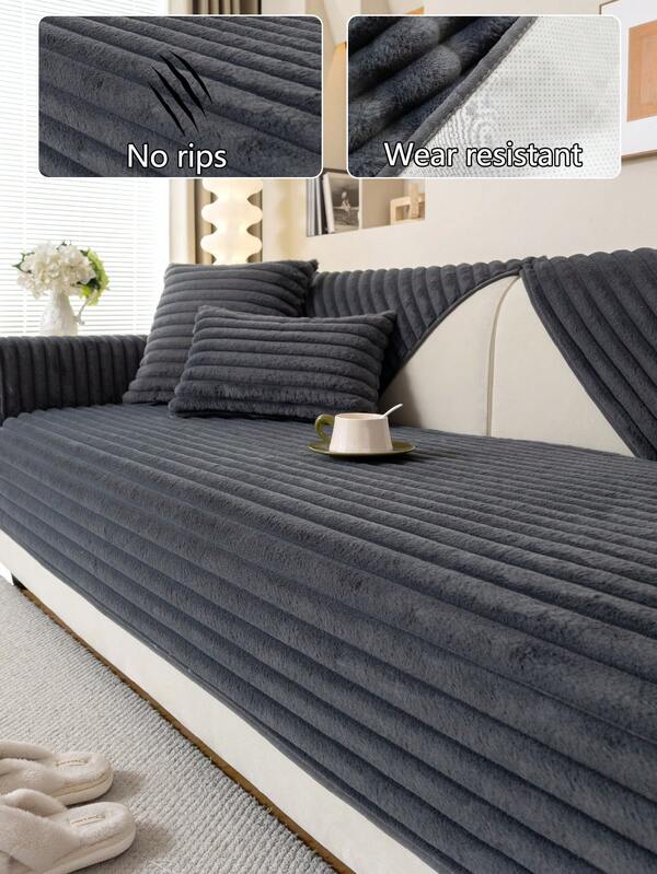 1pc Thick Plush Sofa Cushion Cover, All-Season Sofa Seat Protector, Modern Minimalist Anti-Slip Sofa Slipcover, Dust-Proof & Washable, Deep Gray Soft & Fade-Resistant, Pet-Friendly, Fits L-Shaped Sofa, Bedroom/Office/Living Room
