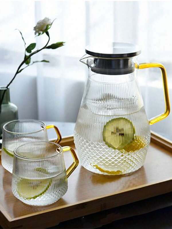 1 pièce Pichet à jus/eau froide ou chaude en verre borosilicaté haute résistance de grande capacité avec couvercle en acier inoxydable et rayures verticales, 1,5 L