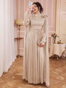 Đầm maxi dài tay màu trơn dành cho nữ, cổ tàu, thiết kế xếp ly bằng vải, eo cao, trang trí hoa 3D thủ công trên vai, thanh lịch với dây buộc dài, chất liệu mềm mại phù hợp cho nhiều dịp, chất liệu bóng bẩy cho tiệc tùng, dạ hội, trang phục trang trọng, tối giản và sang trọng cho đám cưới mùa xuân. - Màu be - Xem 6