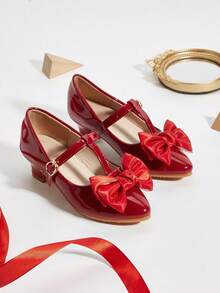1 双女童双层薄纱蝴蝶结 PU 皮革高跟尖头优雅时尚百搭派对鞋，适合春季、夏季、秋季 - 酒紅色 - 查看 1
