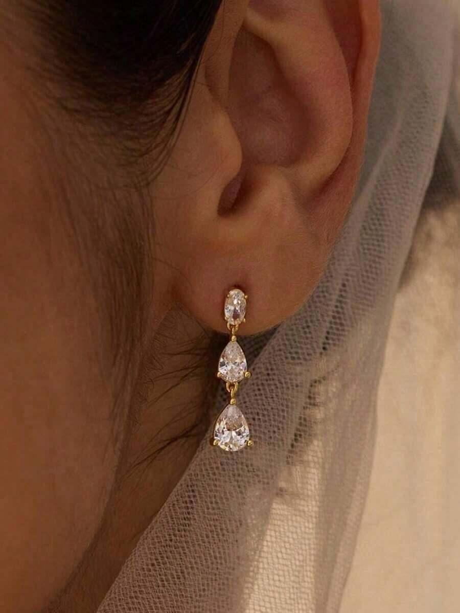 14K Gold Plated Long Cubic Zirconia Teardrop Dangle Earrings, Elegant Bridal Wedding Earrings, Bridesmaid Teardrop Earrings, Formal Occasion Jewelry - Nhiều màu - Xem 1