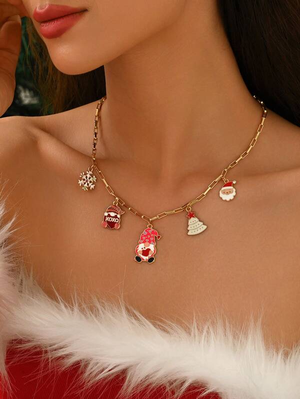 1pc Women's Cute Christmas Necklace, Simple Chain With Santa Claus, Snowflake, Christmas Tree Pendants, Spreading Christmas Vibe, Suitable For Christmas Party, Holiday Gift, Date Outfit, And Daily Wear During Christmas Season