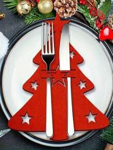 12pcs/24pcs Felt Christmas Tree Cutlery,Christmas Tree Cutlery Fork Pouch Cutlery Decorations Felt Fabric Christmas Party Table Decorations, Christmas Cutlery Storage Bag,Santa Hat Silverware Holder,Christmas Knife And Fork Cover,Christmas Tableware Holder