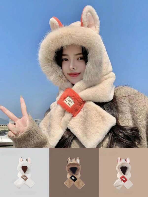 Plüschmütze und Schal in einem, Damen Herbst und Winter Fuchsohren süß und warm Ohrenschutz mit dickem Samtschal Hut, Mädchen Outdoor Mode vielseitige Cartoon gestrickte Mütze