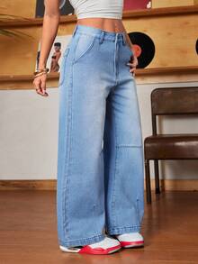 Casual Elegant Gradient Color American Street Style Denim Straight Leg Jeans With Pockets & Zipper Closure, Suitable For Everyday Wear, All Seasons Spring - Light Wash - View 9
