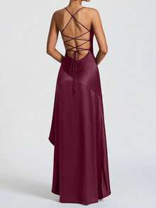 Vestido elegante de satén con cuello redondo, mangas acampanadas, cintura anudada y tubo recto para mujer, adecuado para citas, ir al trabajo y viajar - Burdeos - Ver 6