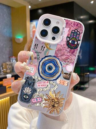 1pc Fashion Personalized Devil's Eye Collage Graphic Design White & Metallic IMD Anti-Fingerprint Phone Case Compatible With IPhone 16 ProMax/16/16 Pro/16 Plus/11/15/15 Pro/15 ProMax/12/13/14 ProMax/XS/XR/11 Pro/11 ProMax/12 Pro/12 ProMax/13 Pro/13 ProMax/7 Plus/14 Pro/14 ProMax/14 Plus/7 Plus/8 Plus/8/SE2/12 Mini/13 Mini, Soft Shell, Anti-Yellowing