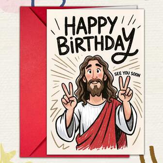 1 Set Humorous Character Greeting Card, Birthday Card With Jesus Giving Peace Sign & Happy Birthday, Kraft Paper Blessing Message Card, Assorted Holiday Card, Great For Humor-Loving Friends & Unique Birthday Celebrations, Perfect For Sibling Celebration, Sending Joy, Distance Gifting & Party Hand-Delivery, Birthday Card, One Card With One Red Envelope