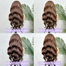 VIOLLY 13x6 巧克力棕色波浪蕾丝前部真人混合发假发，预拔发际线，200 密度高清透明蕾丝前部巴西假发 - S4 - 查看 7